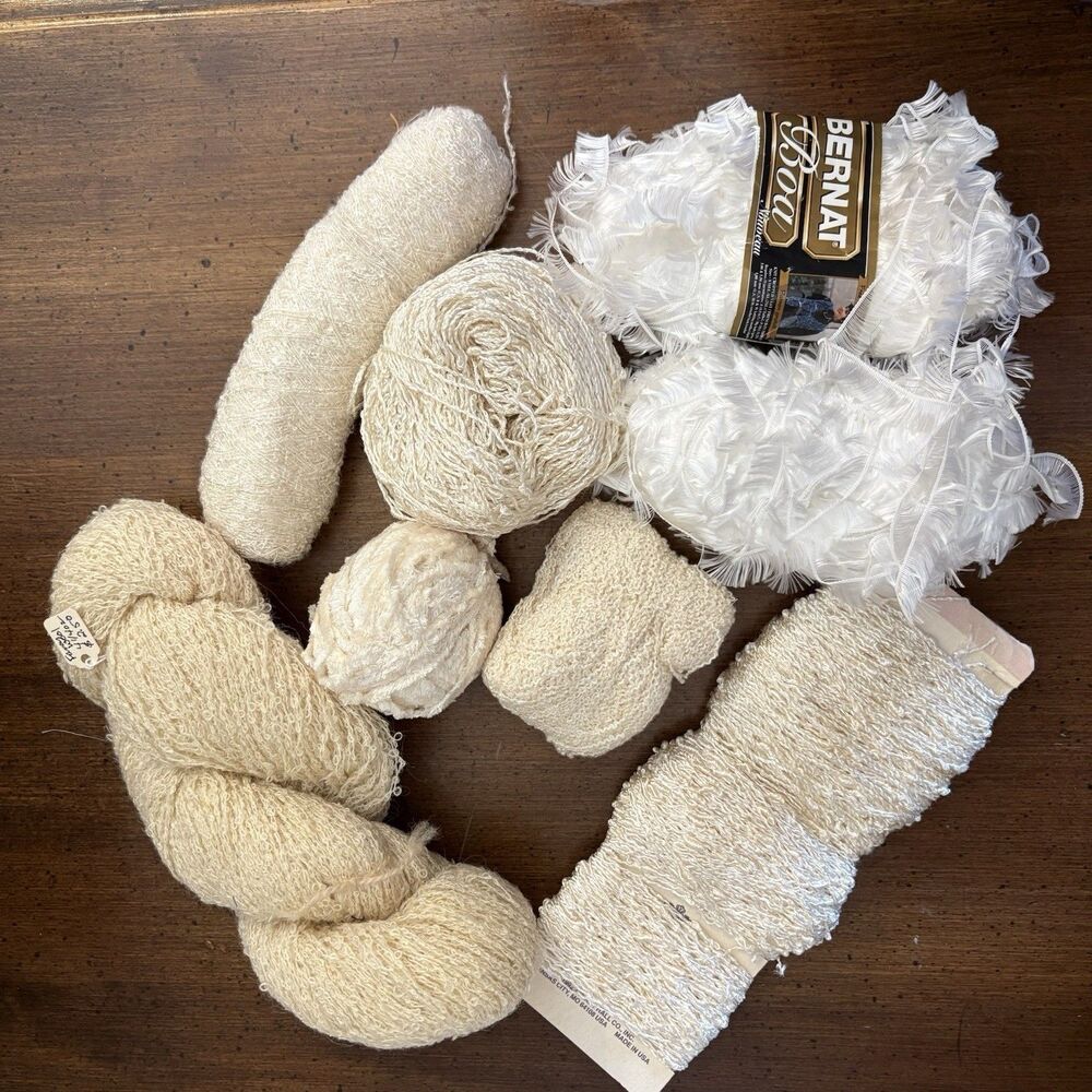 Mixed Yarn Lot Neutral Colors Ivory Cream Bernat Boa Boucle Wool